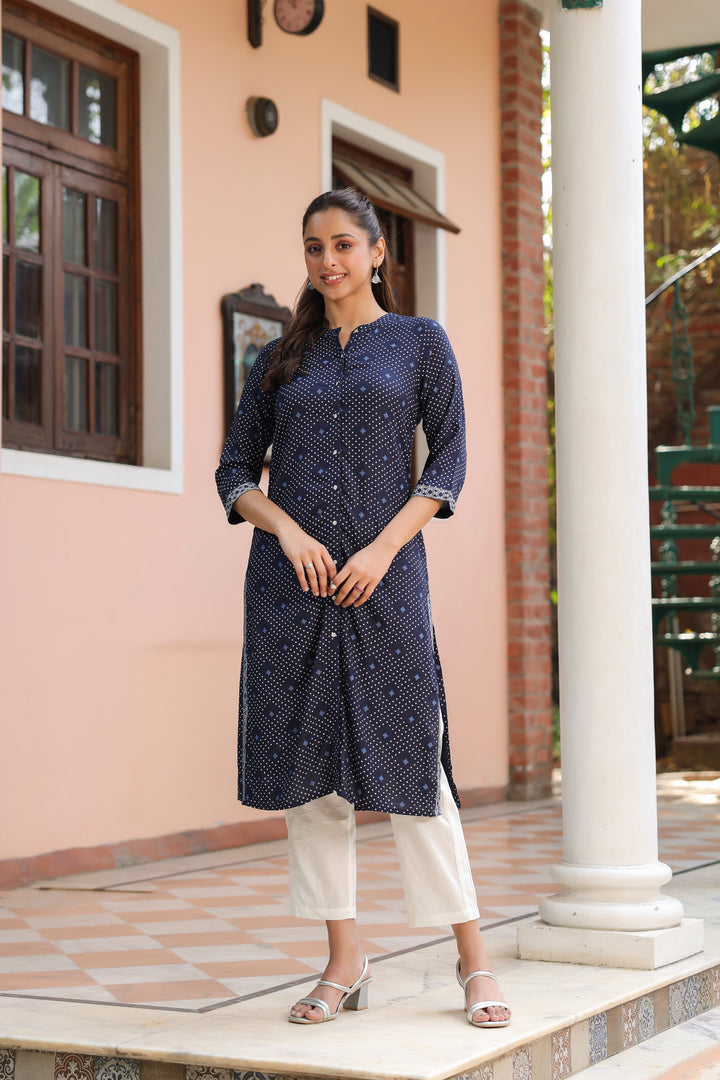 Blue Viscose Rayon Printed Kurta