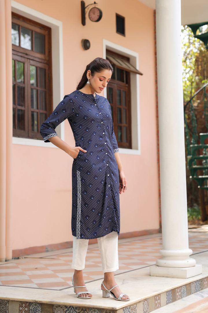 Blue Viscose Rayon Printed Kurta