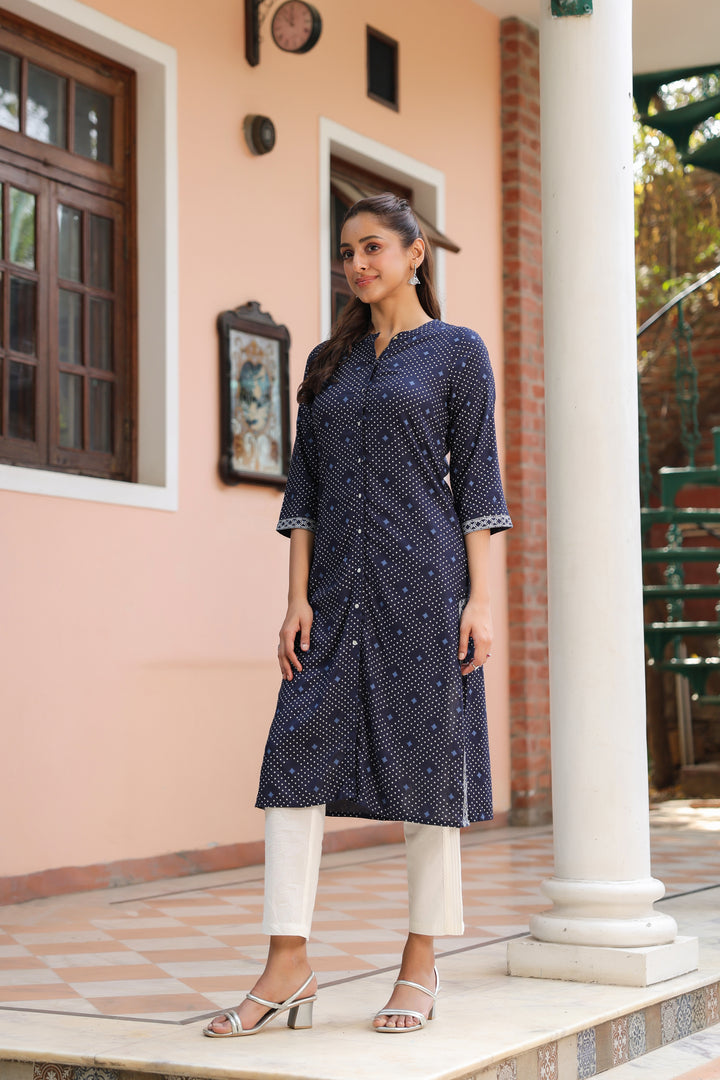 Blue Viscose Rayon Printed Kurta
