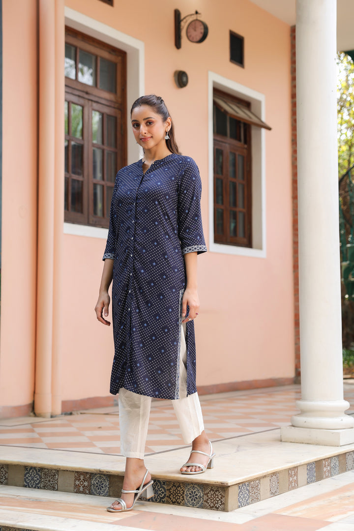 Blue Viscose Rayon Printed Kurta