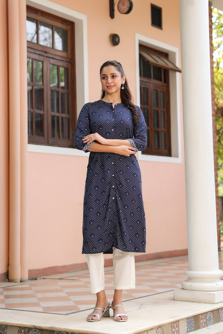 Blue Viscose Rayon Printed Kurta