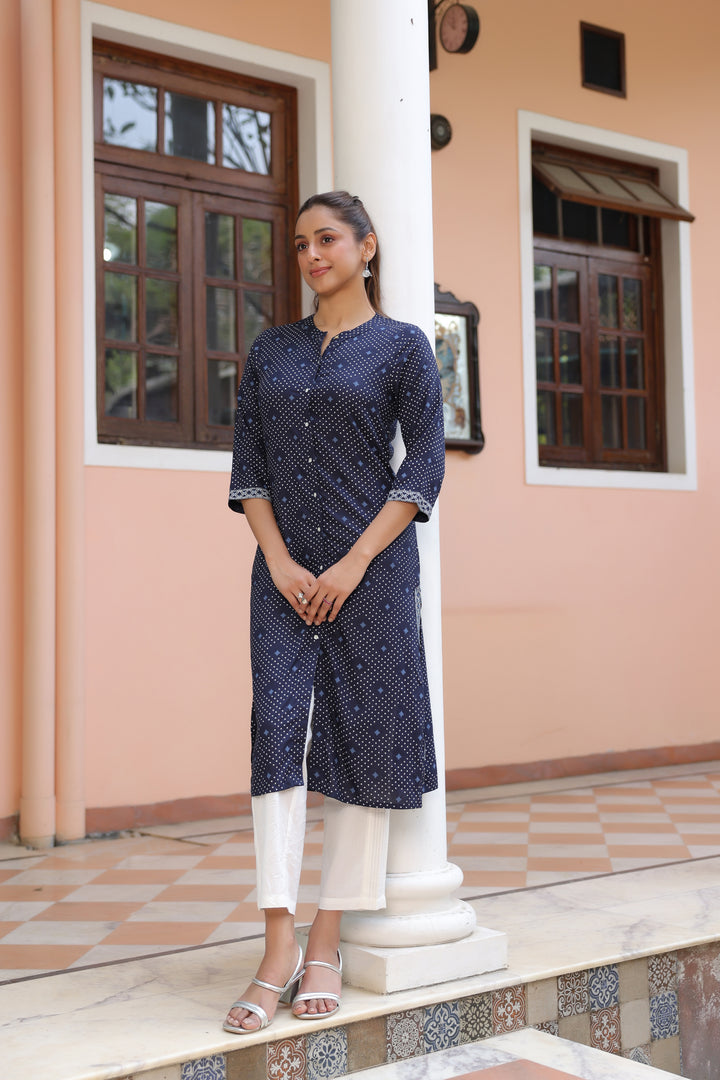 Blue Viscose Rayon Printed Kurta