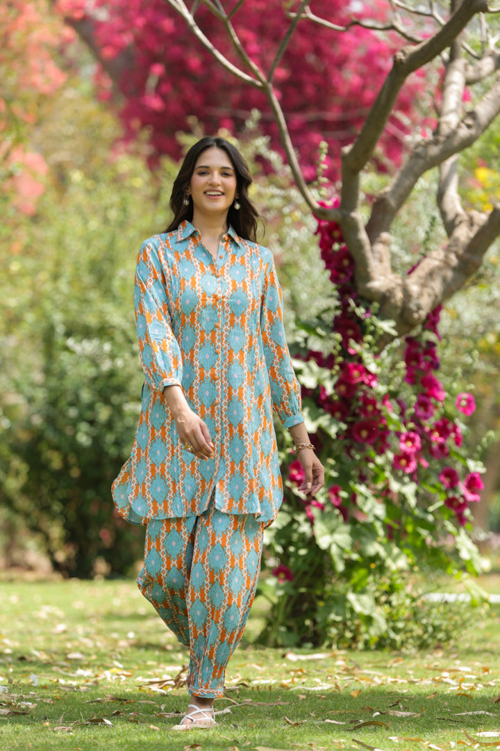 Blue Cotton Shirt Collar Kurta Co-Ord Set