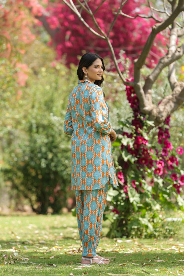 Blue Cotton Shirt Collar Kurta Co-Ord Set