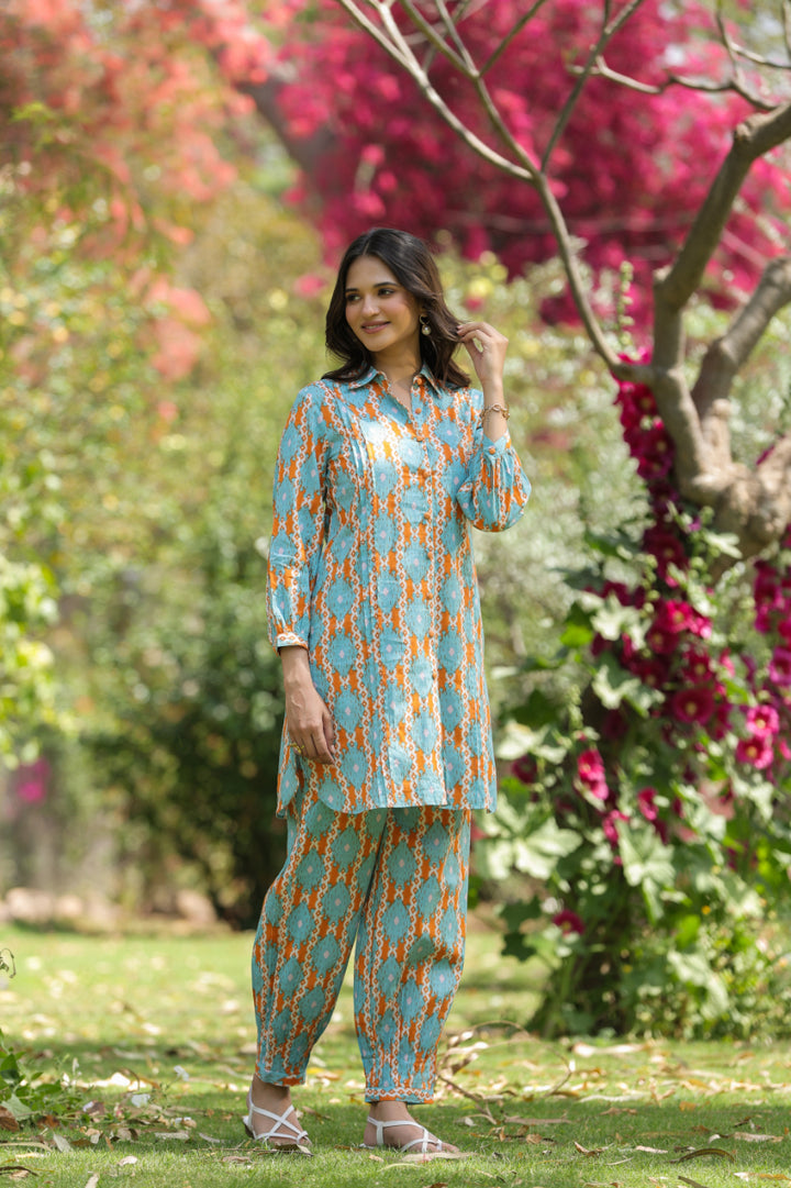 Blue Cotton Shirt Collar Kurta Co-Ord Set