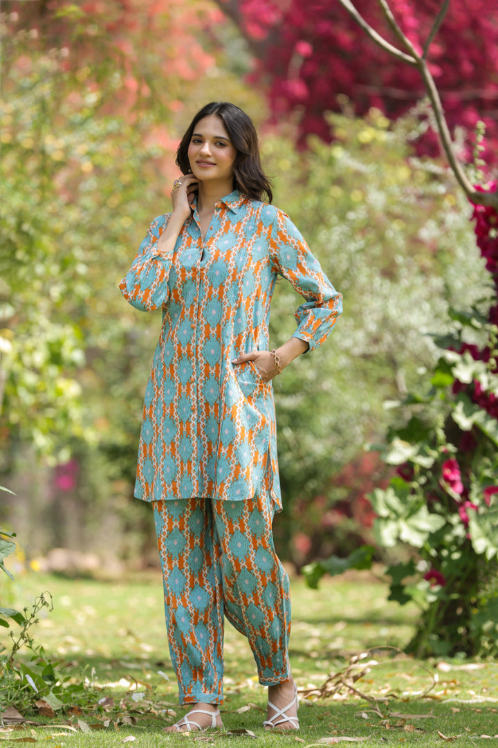 Blue Cotton Shirt Collar Kurta Co-Ord Set