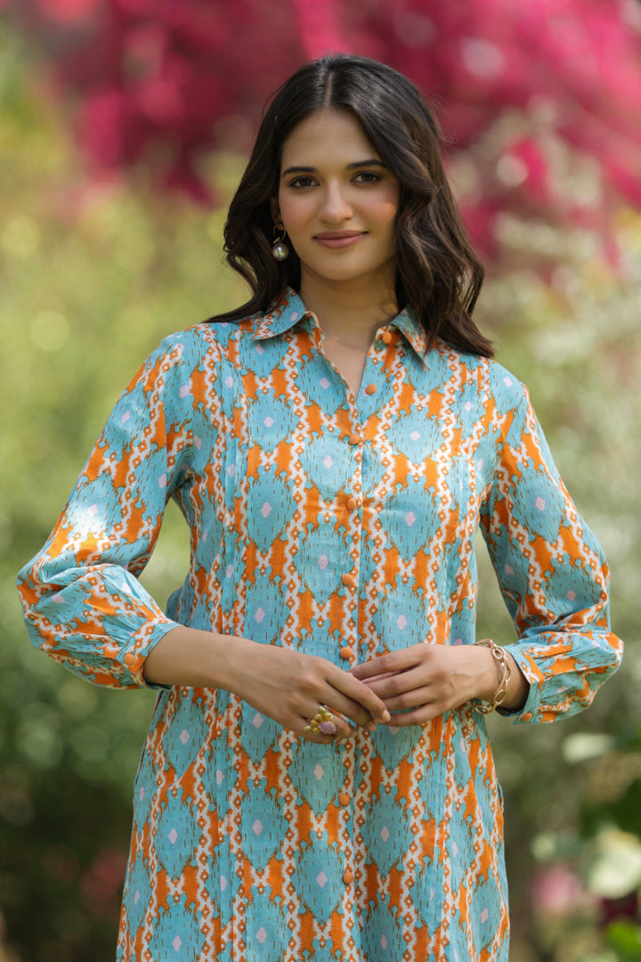 Blue Cotton Shirt Collar Kurta Co-Ord Set