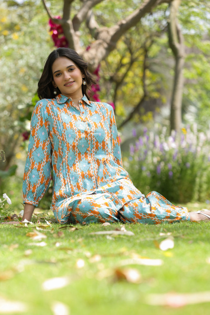 Blue Cotton Shirt Collar Kurta Co-Ord Set