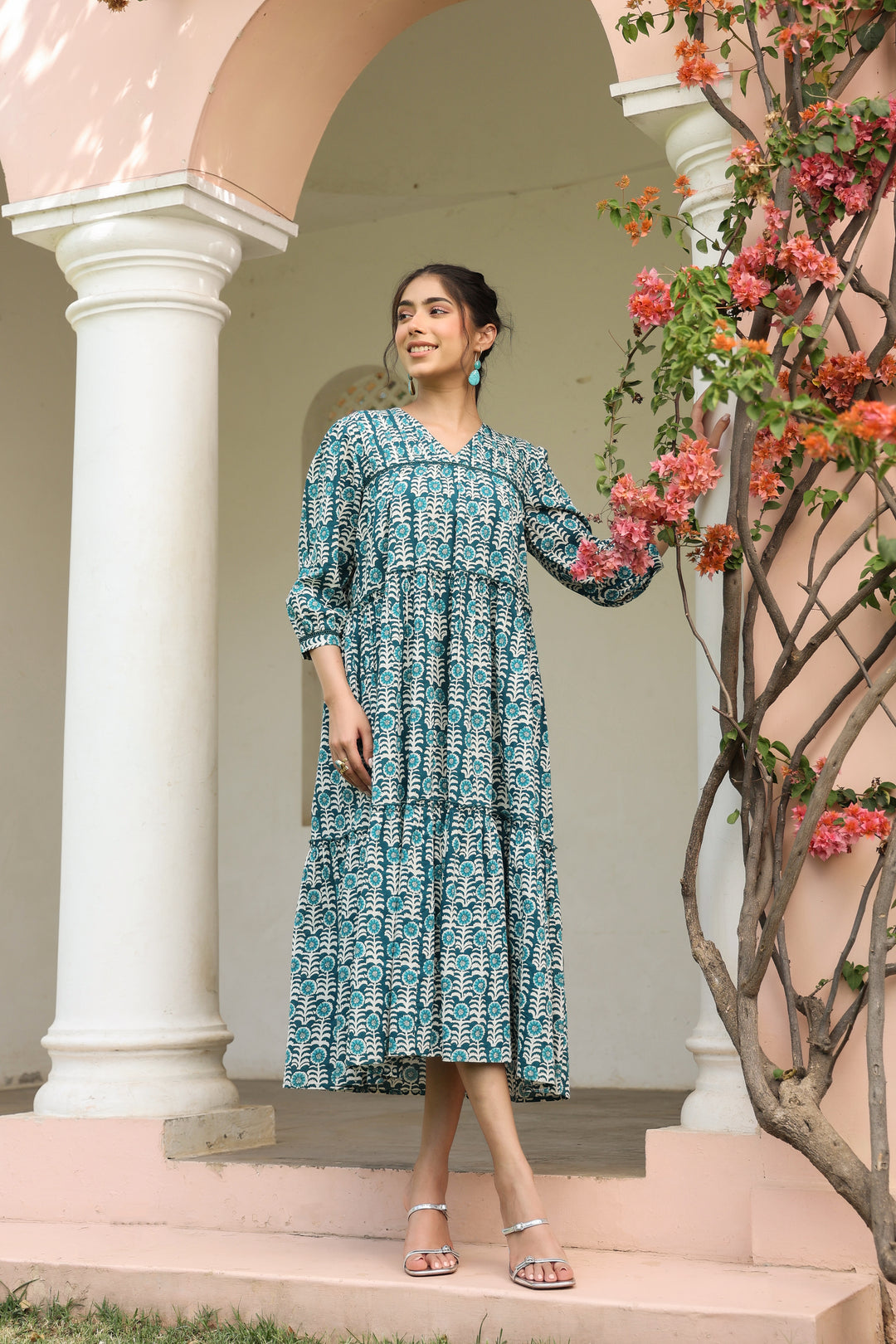 Blue Pure Cotton Floral Print Lace Work Tiered/Flared Designer Dress