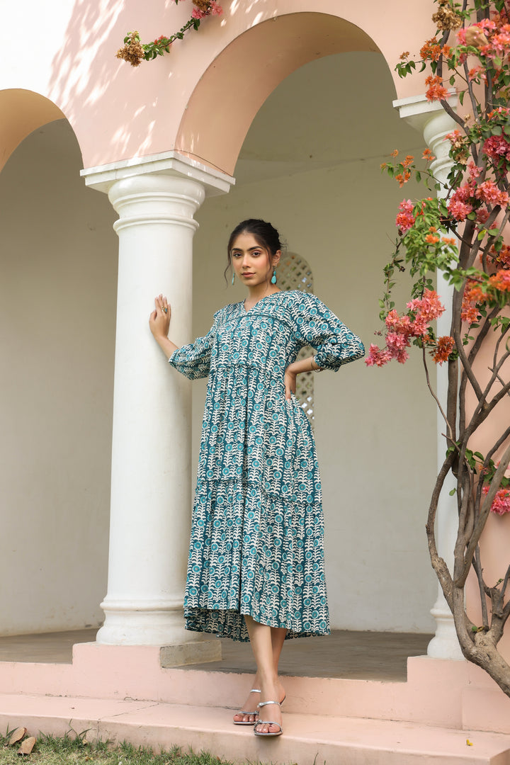 Blue Pure Cotton Floral Print Lace Work Tiered/Flared Designer Dress