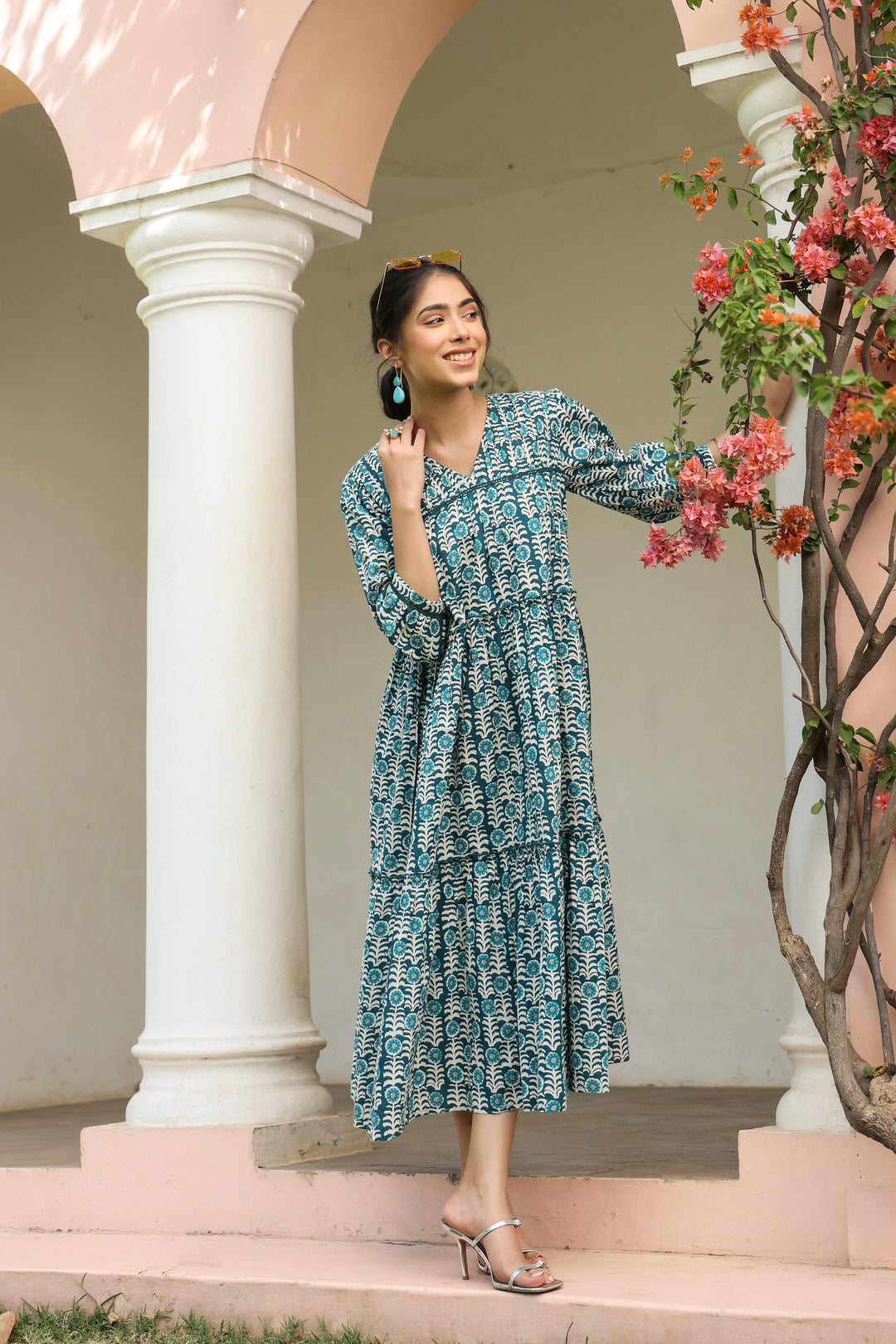 Blue Pure Cotton Floral Print Lace Work Tiered/Flared Designer Dress