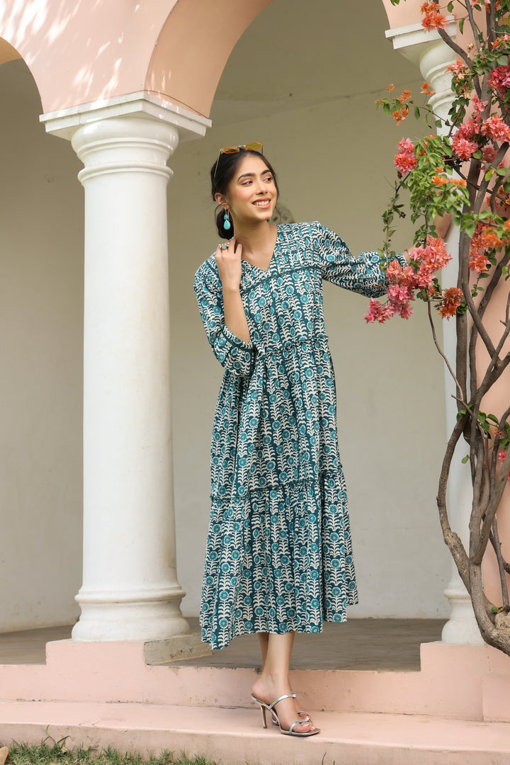 Blue Pure Cotton Floral Print Lace Work Tiered/Flared Designer Dress