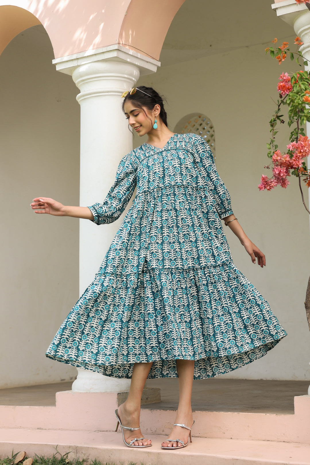 Blue Pure Cotton Floral Print Lace Work Tiered/Flared Designer Dress