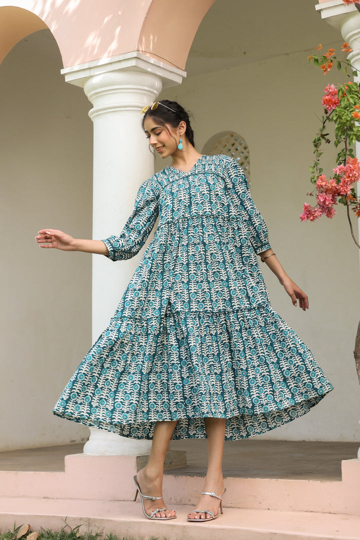 Blue Pure Cotton Floral Print Lace Work Tiered/Flared Designer Dress
