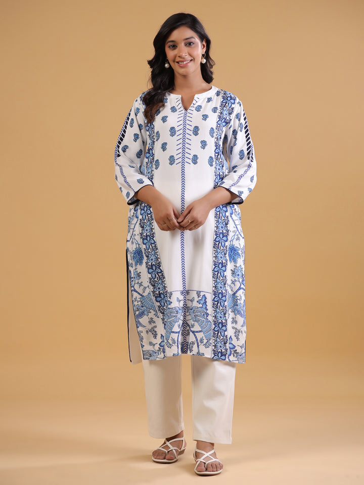 White & Blue Rayon Straight Kurta