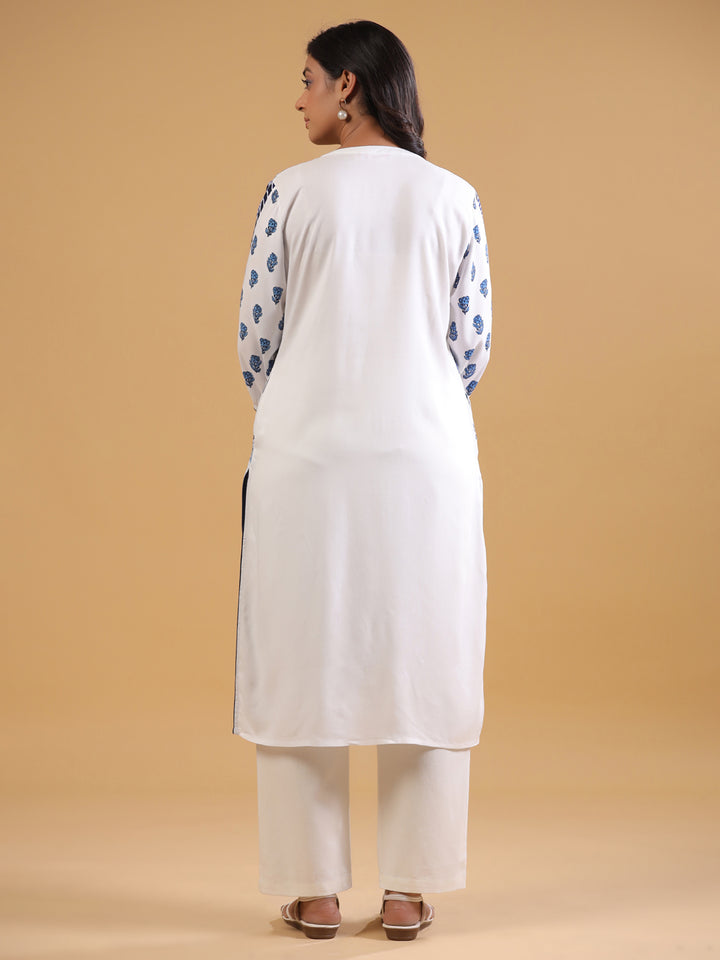 White & Blue Rayon Straight Kurta