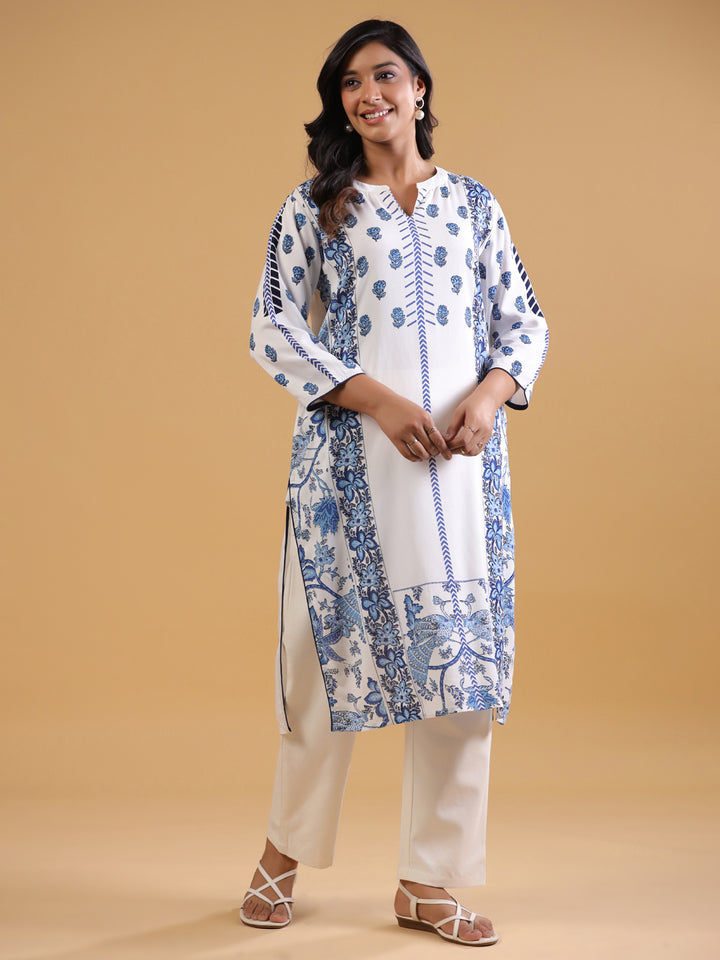 White & Blue Rayon Straight Kurta