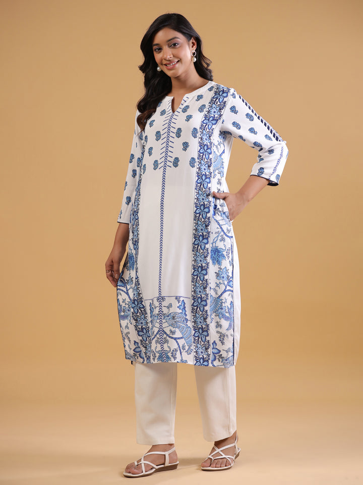 White & Blue Rayon Straight Kurta
