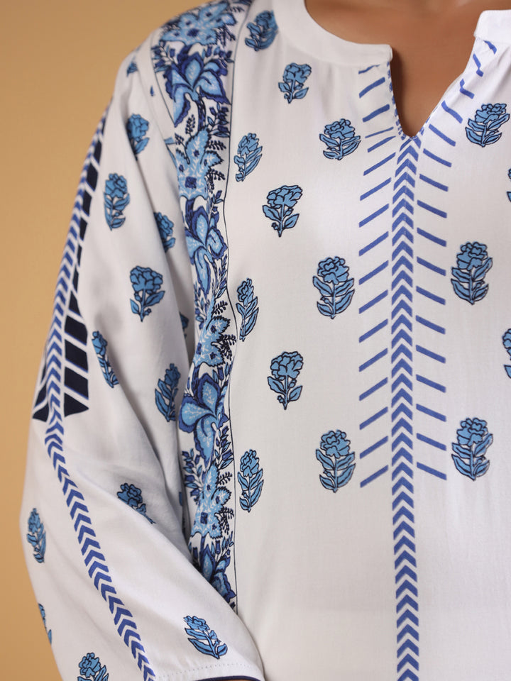 White & Blue Rayon Straight Kurta