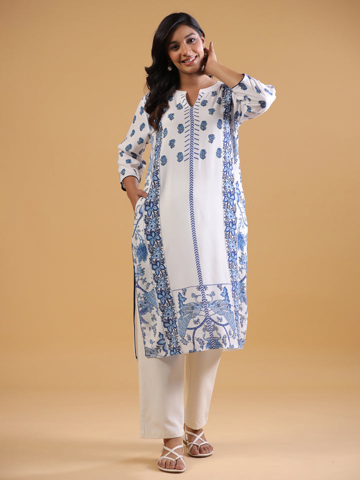 White & Blue Rayon Straight Kurta