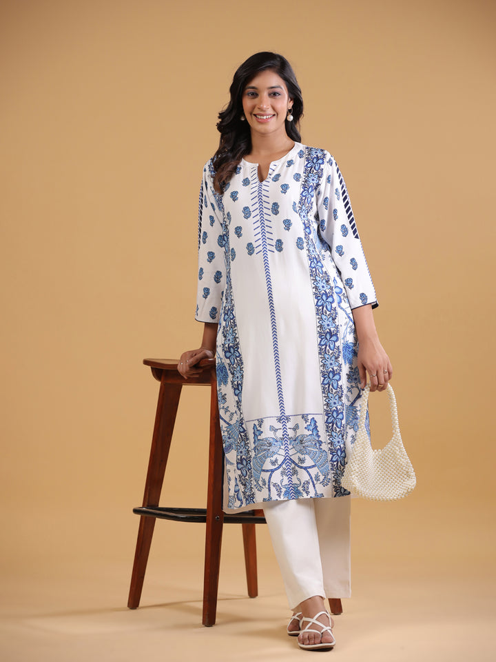White & Blue Rayon Straight Kurta