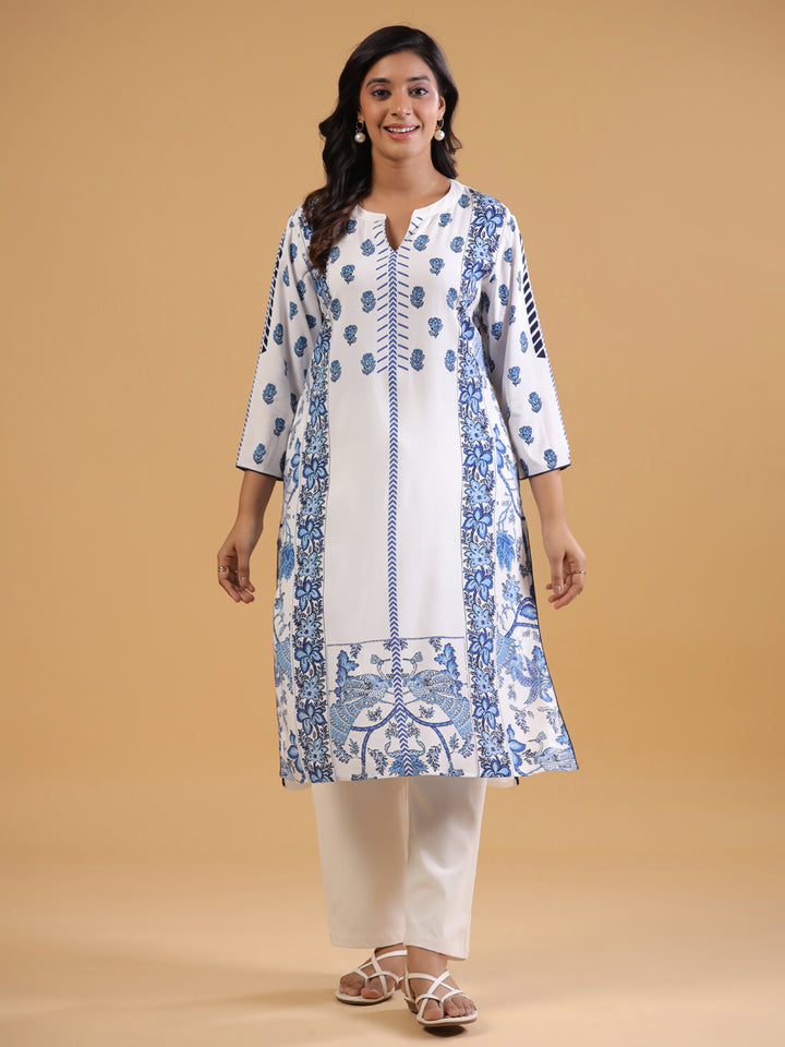White & Blue Rayon Straight Kurta