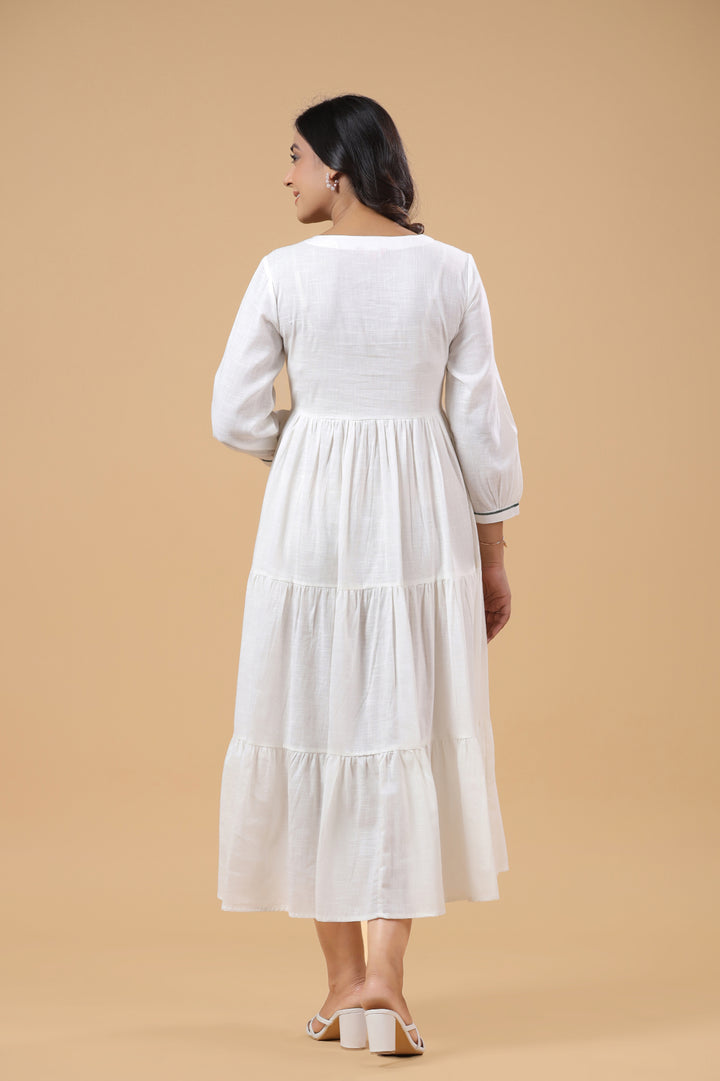 White Cotton Green Ombre Embroidered Tiered Dress