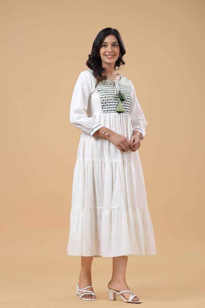 White Cotton Green Ombre Embroidered Tiered Dress