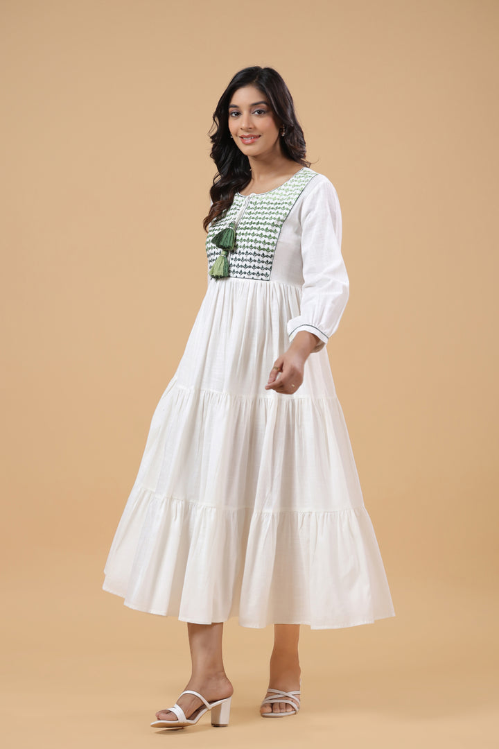 White Cotton Green Ombre Embroidered Tiered Dress
