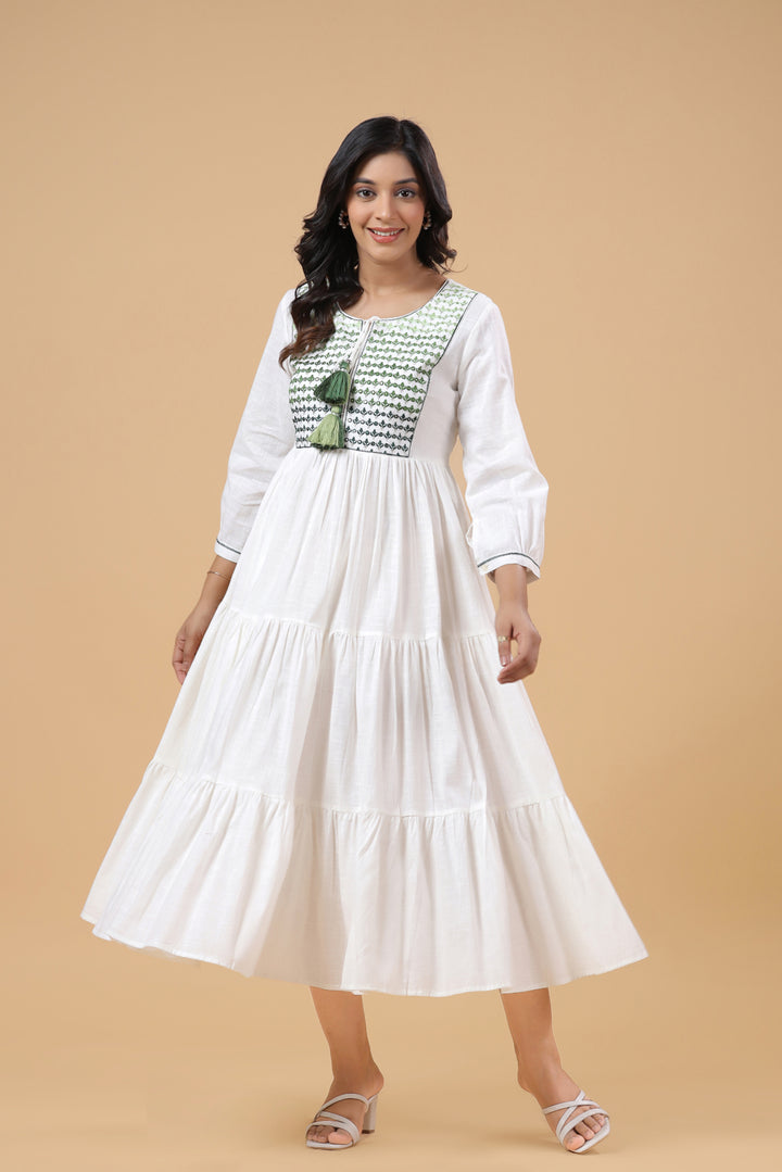 White Cotton Green Ombre Embroidered Tiered Dress