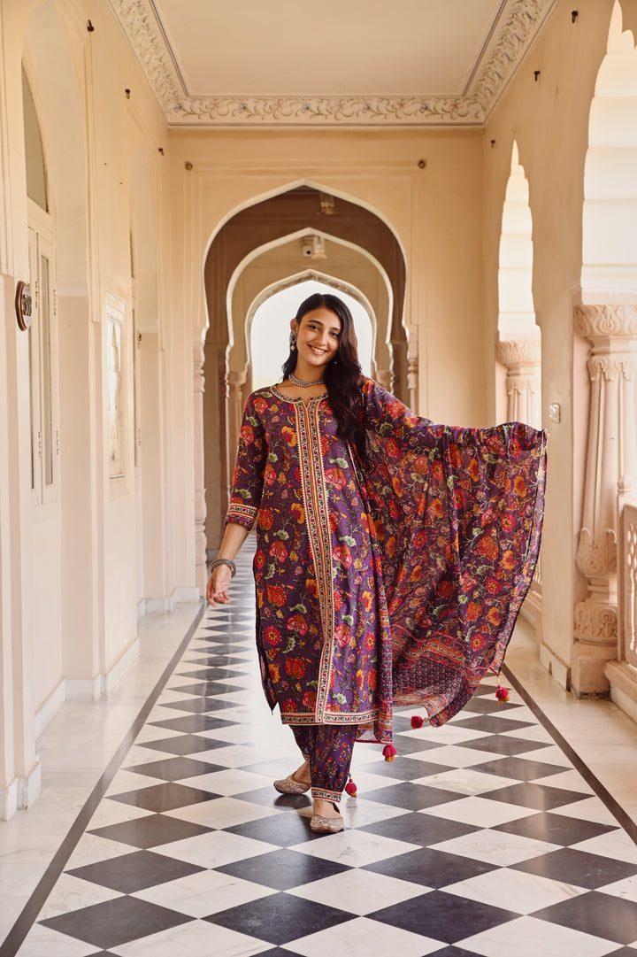 Purple Pure Cotton Floral Print Lace Work Straight Kurta Salwar Dupatta Set