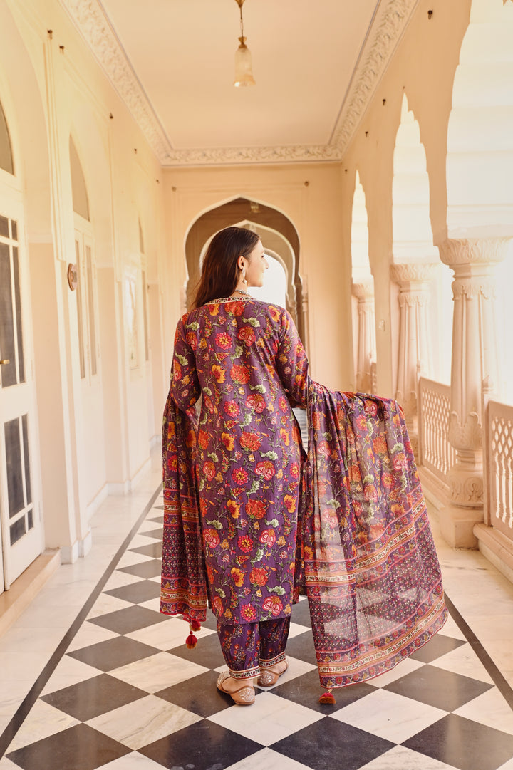Purple Pure Cotton Floral Print Lace Work Straight Kurta Salwar Dupatta Set