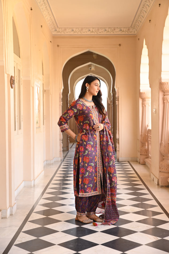 Purple Pure Cotton Floral Print Lace Work Straight Kurta Salwar Dupatta Set