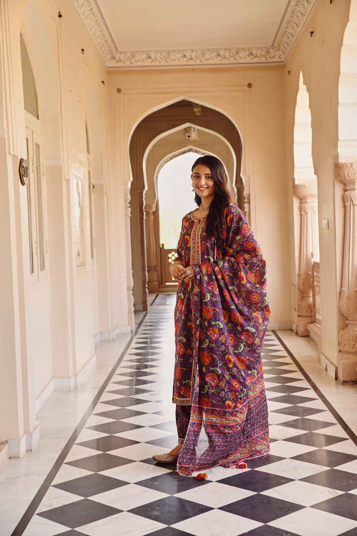 Purple Pure Cotton Floral Print Lace Work Straight Kurta Salwar Dupatta Set