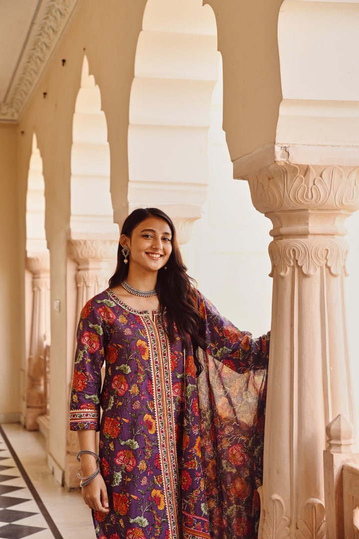 Purple Pure Cotton Floral Print Lace Work Straight Kurta Salwar Dupatta Set