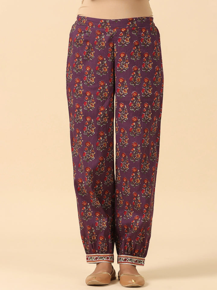 Purple Pure Cotton Floral Print Lace Work Straight Kurta Salwar Dupatta Set