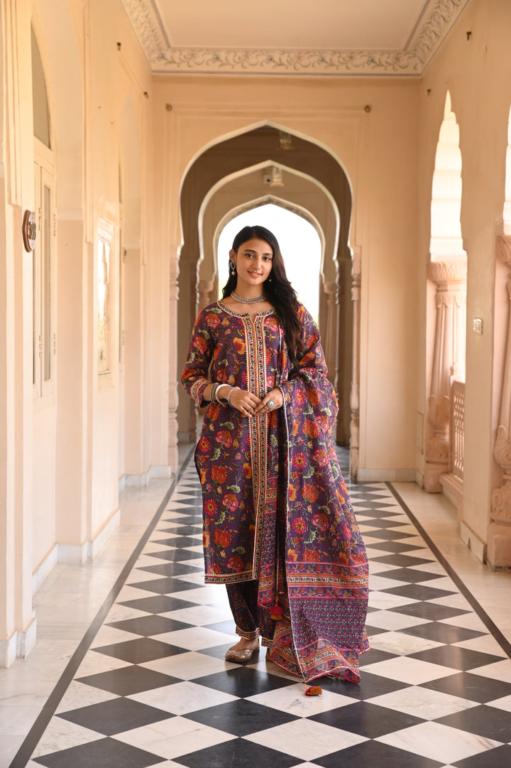 Purple Pure Cotton Floral Print Lace Work Straight Kurta Salwar Dupatta Set