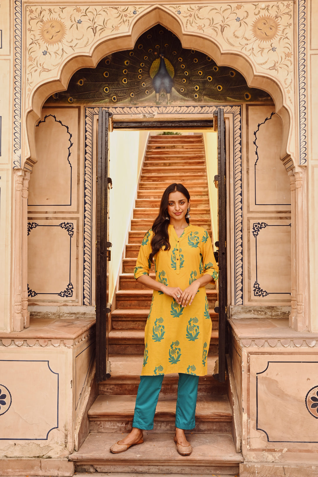 Yellow Pure Cotton Foil Print Fancy Buttons Straight Kurta Pant Set