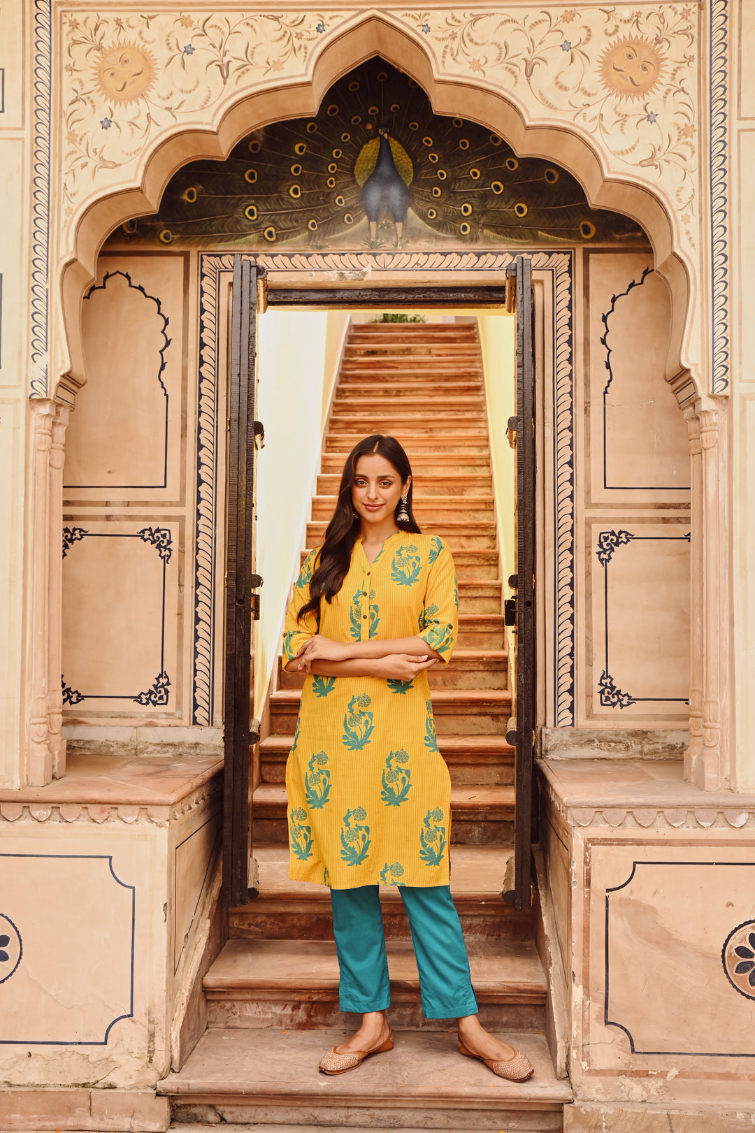 Yellow Pure Cotton Foil Print Fancy Buttons Straight Kurta Pant Set