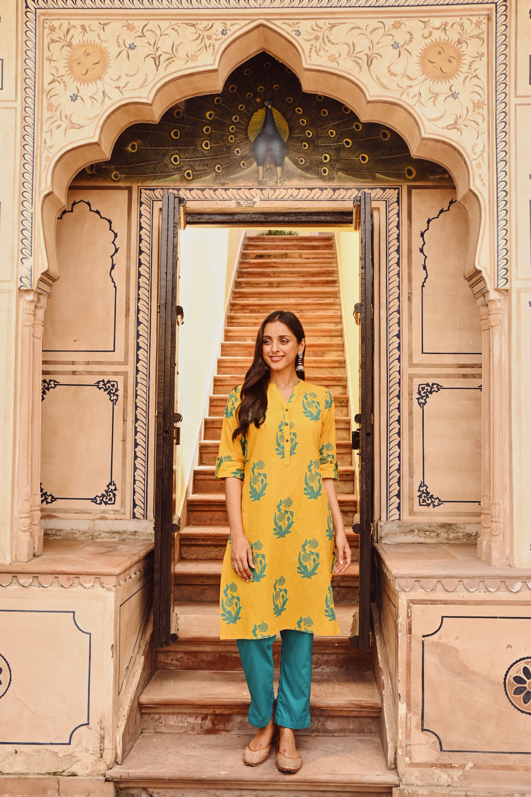 Yellow Pure Cotton Foil Print Fancy Buttons Straight Kurta Pant Set