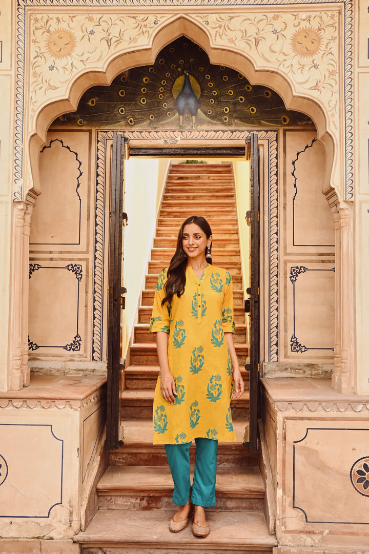 Yellow Pure Cotton Foil Print Fancy Buttons Straight Kurta Pant Set