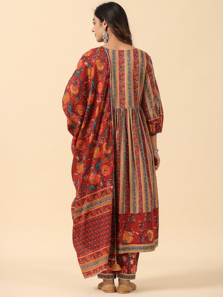 Red Pure Cotton Floral Print Lace Work A-Line Kurta Salwar Dupatta Set