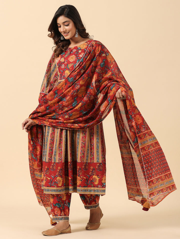 Red Pure Cotton Floral Print Lace Work A-Line Kurta Salwar Dupatta Set