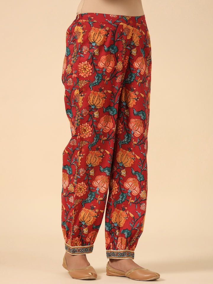 Red Pure Cotton Floral Print Lace Work A-Line Kurta Salwar Dupatta Set