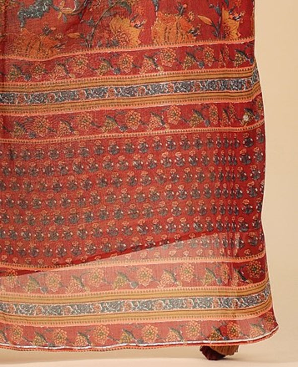 Red Pure Cotton Floral Print Lace Work A-Line Kurta Salwar Dupatta Set