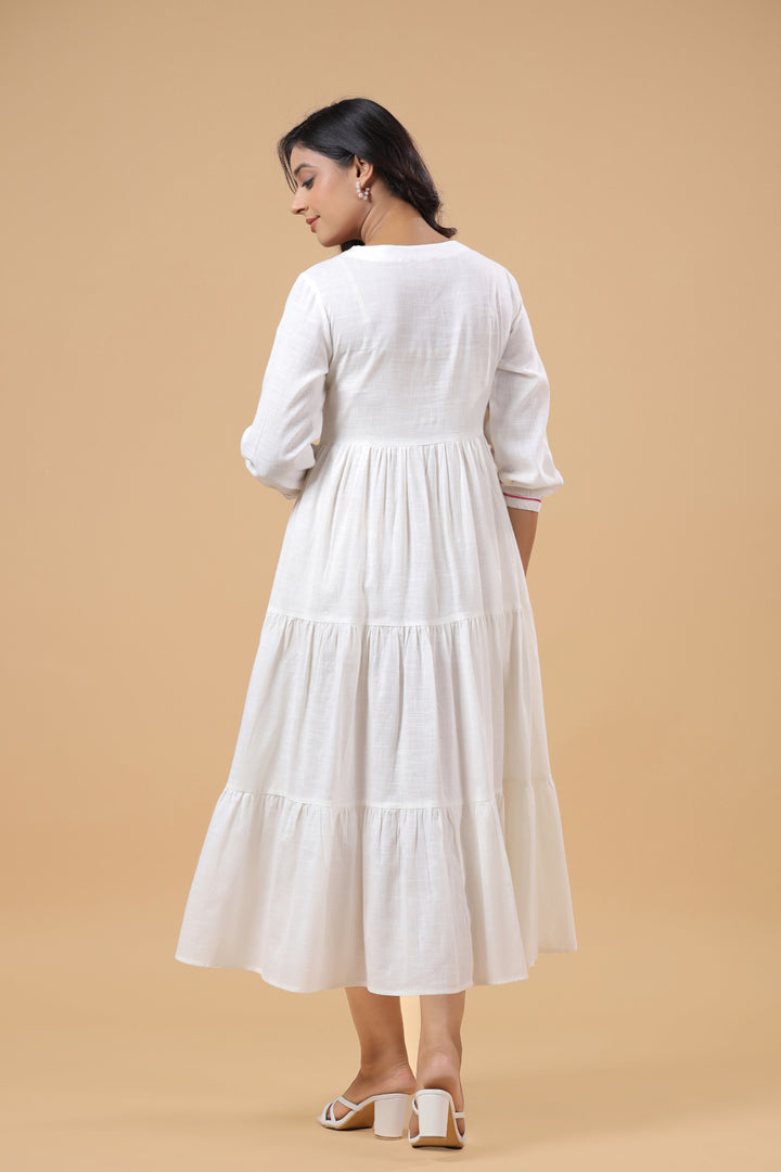 Pink Cotton Solid Printed Designer Tiered Dress