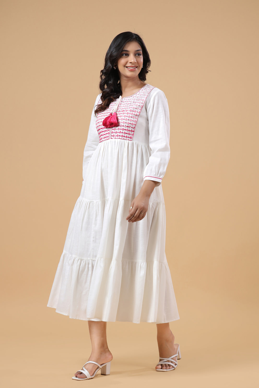 Pink Cotton Solid Printed Designer Tiered Dress