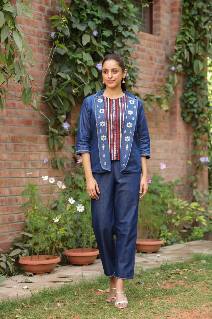 Blue Denim embroidered Jacket with Bottom and Inner Coord Set