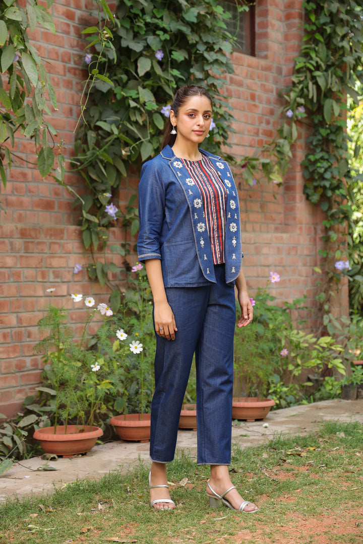 Blue Denim embroidered Jacket with Bottom and Inner Coord Set