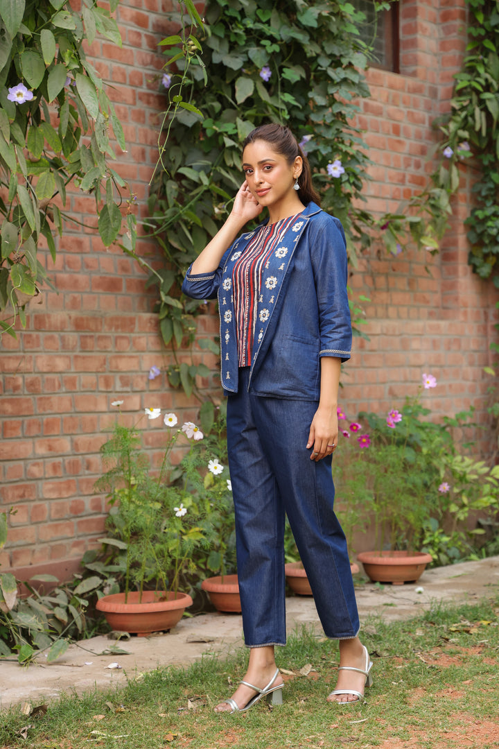 Blue Denim embroidered Jacket with Bottom and Inner Coord Set